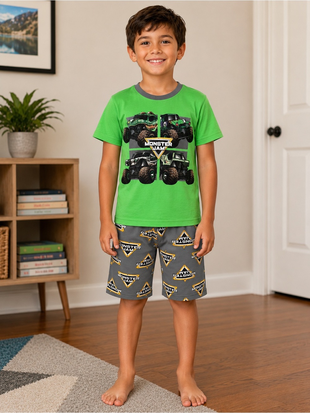 Monster Jam Green & Gray Boys Pajama Set w/T-shirt Bundle